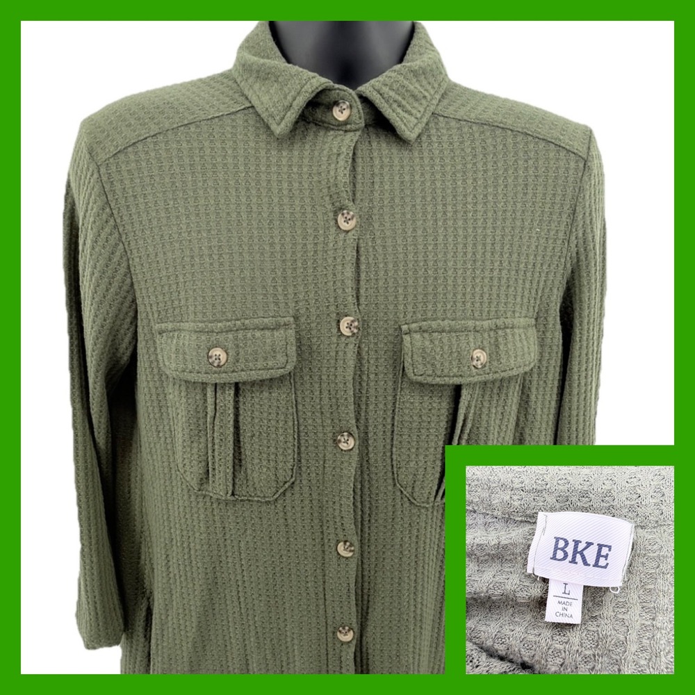 BKE Women's Olive Green Waffle Knit Button Up‎ Shacket Shirt Jacket Size Large